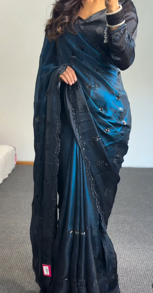Navy Blue Sequin Embellished Saree with Blouse