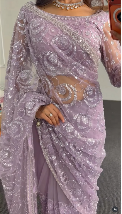 Lavender Sequin Embellished Saree - Premium Georgette