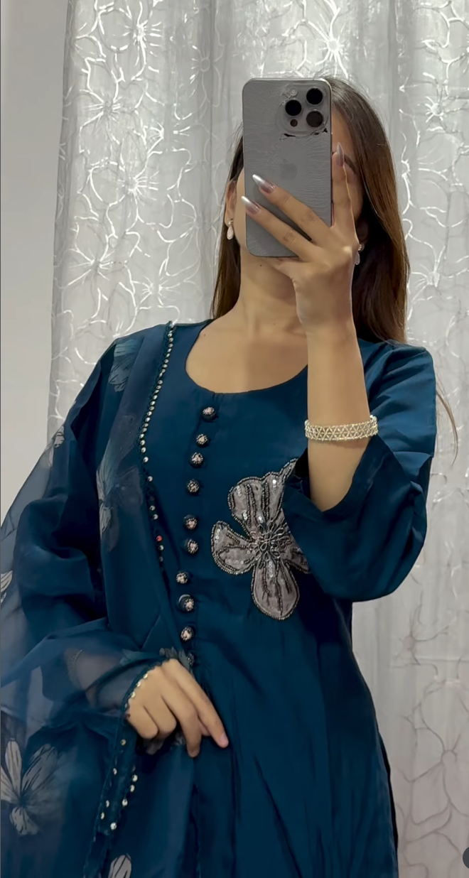 Teal Floral Embroidered Organza Kurti Set with Dupatta