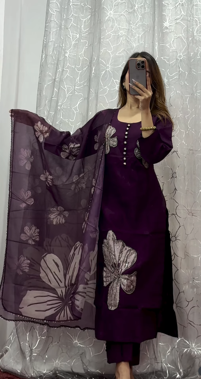 Purple Floral Embroidered Kurti Set with Dupatta