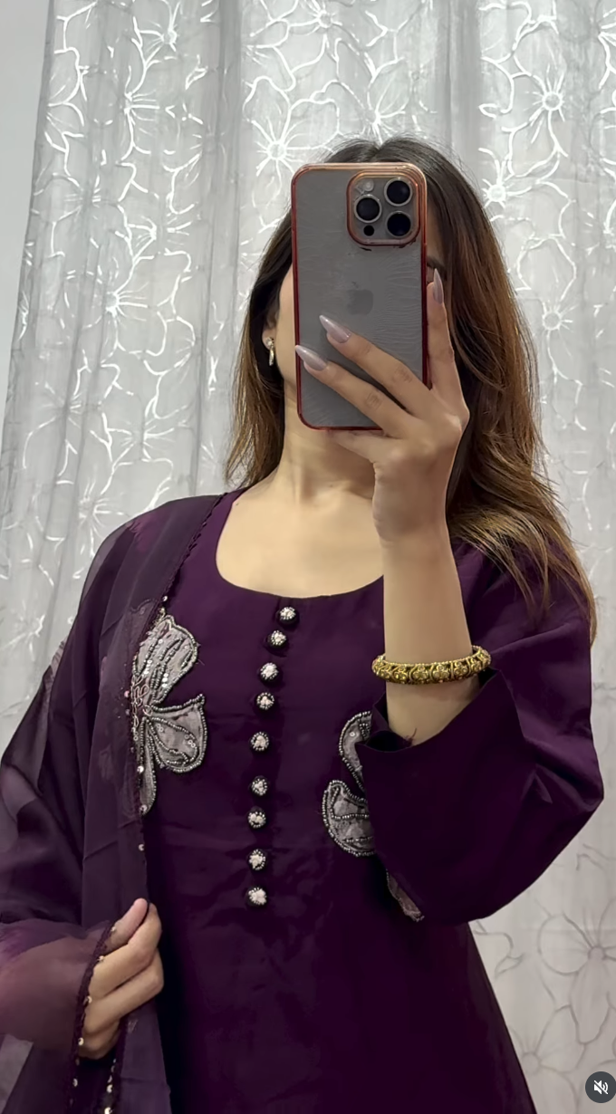 Purple Floral Embroidered Kurti Set with Dupatta