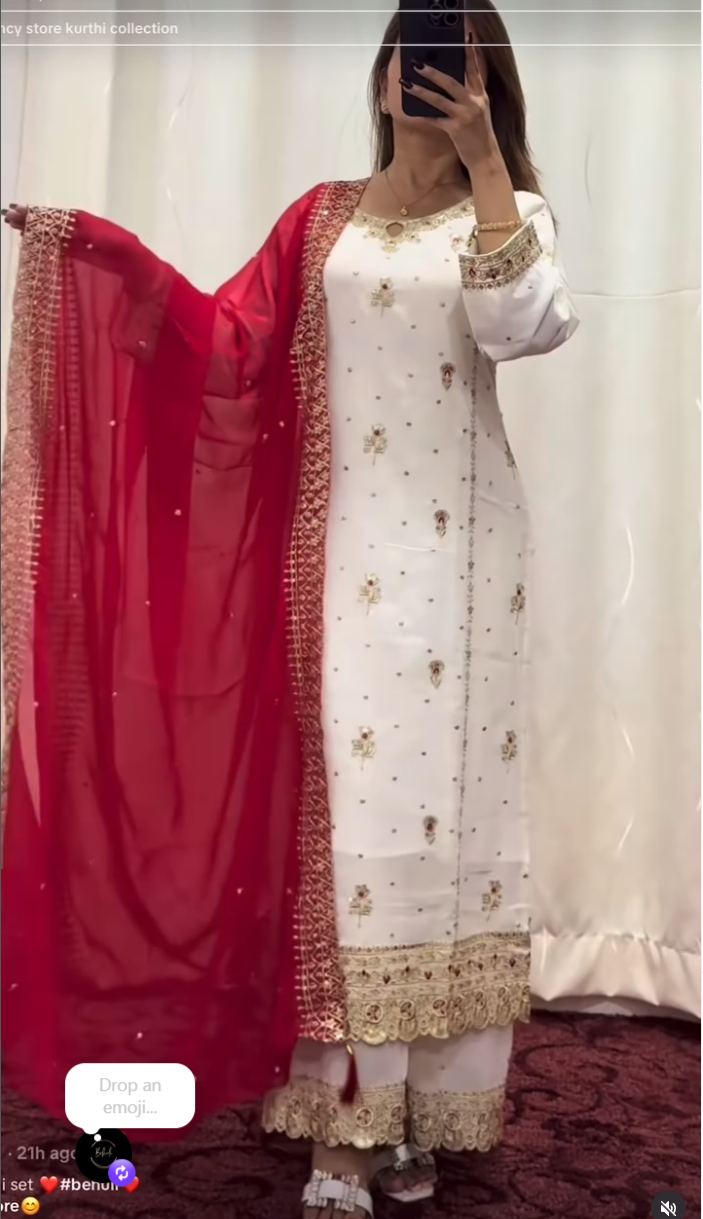 Ivory Embroidered Kurta Set with Red Dupatta