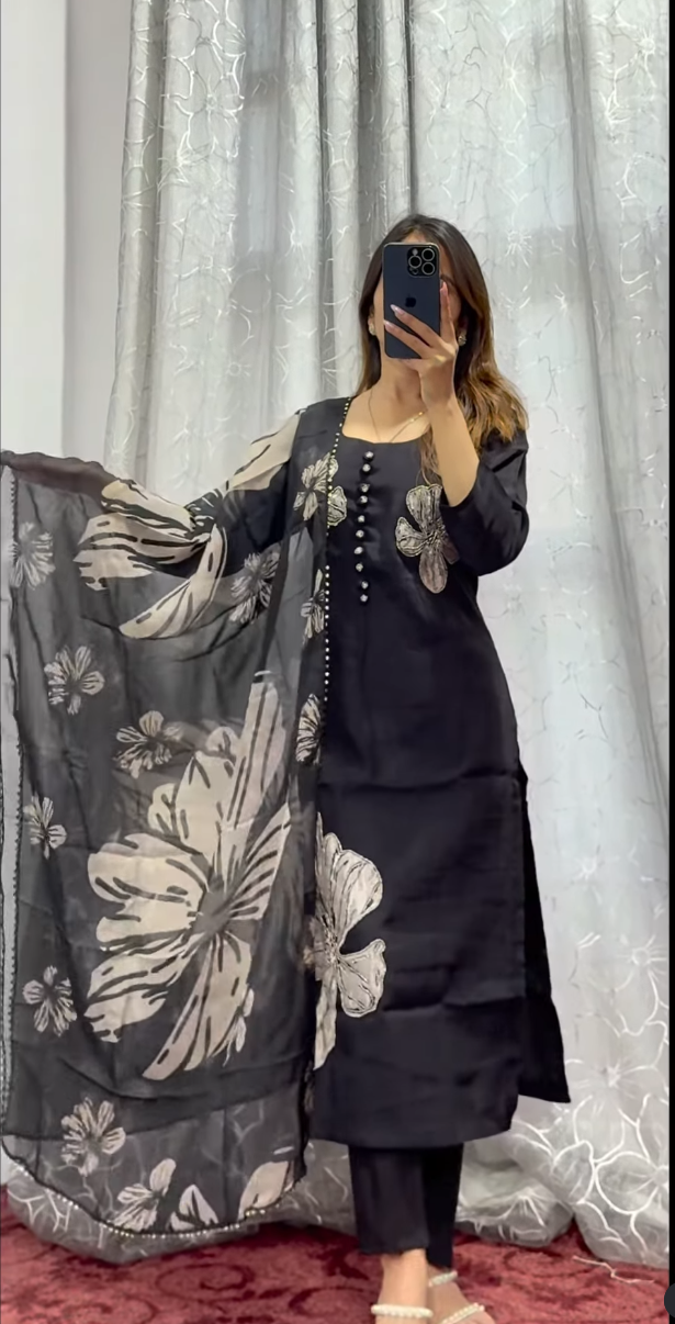 Black Floral Embroidered Kurti Set with Printed Dupatta