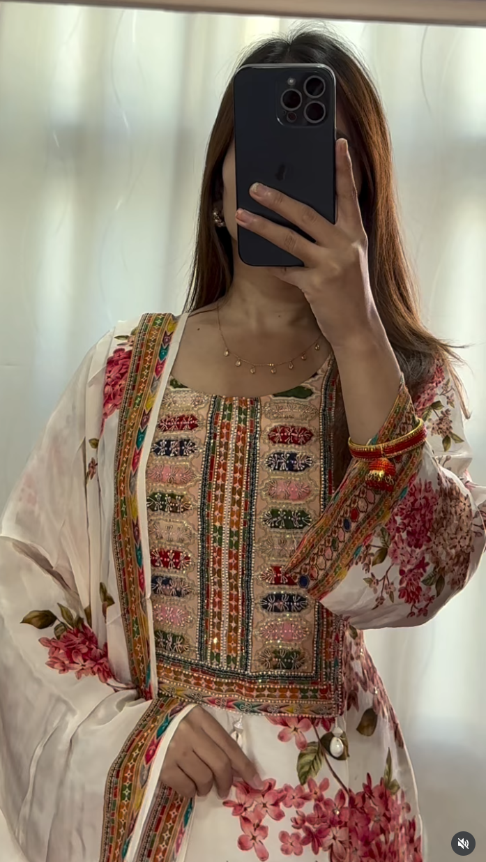 Ivory Floral Kurthi Suit Set with Multicolor Embroidery