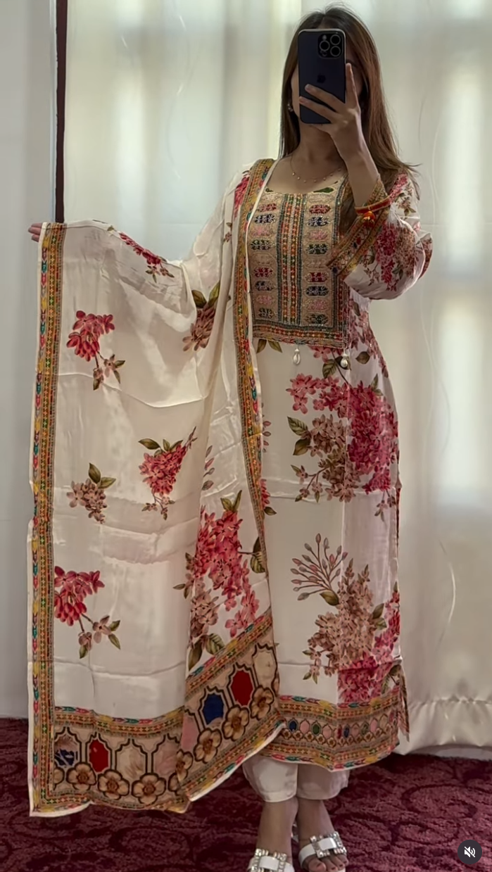 Ivory Floral Kurthi Suit Set with Multicolor Embroidery
