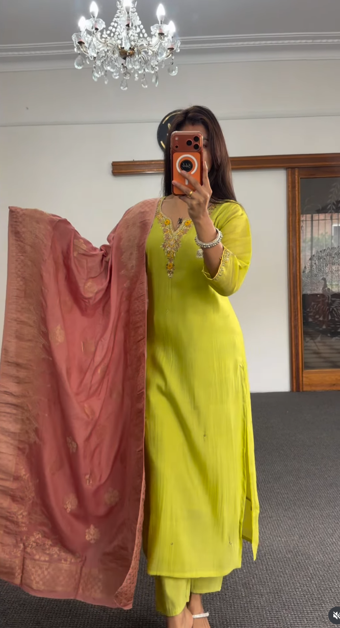 Lime & Rose Embroidered Kurti Set with Jacquard Dupatta