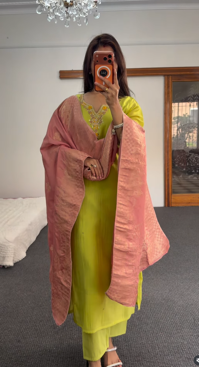 Lime & Rose Embroidered Kurti Set with Jacquard Dupatta