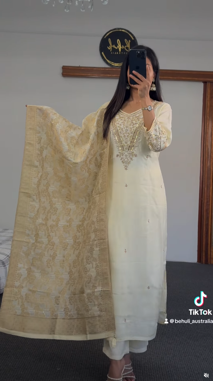 Ivory Embroidered Silk Kurta Set with Gold Brocade Dupatta