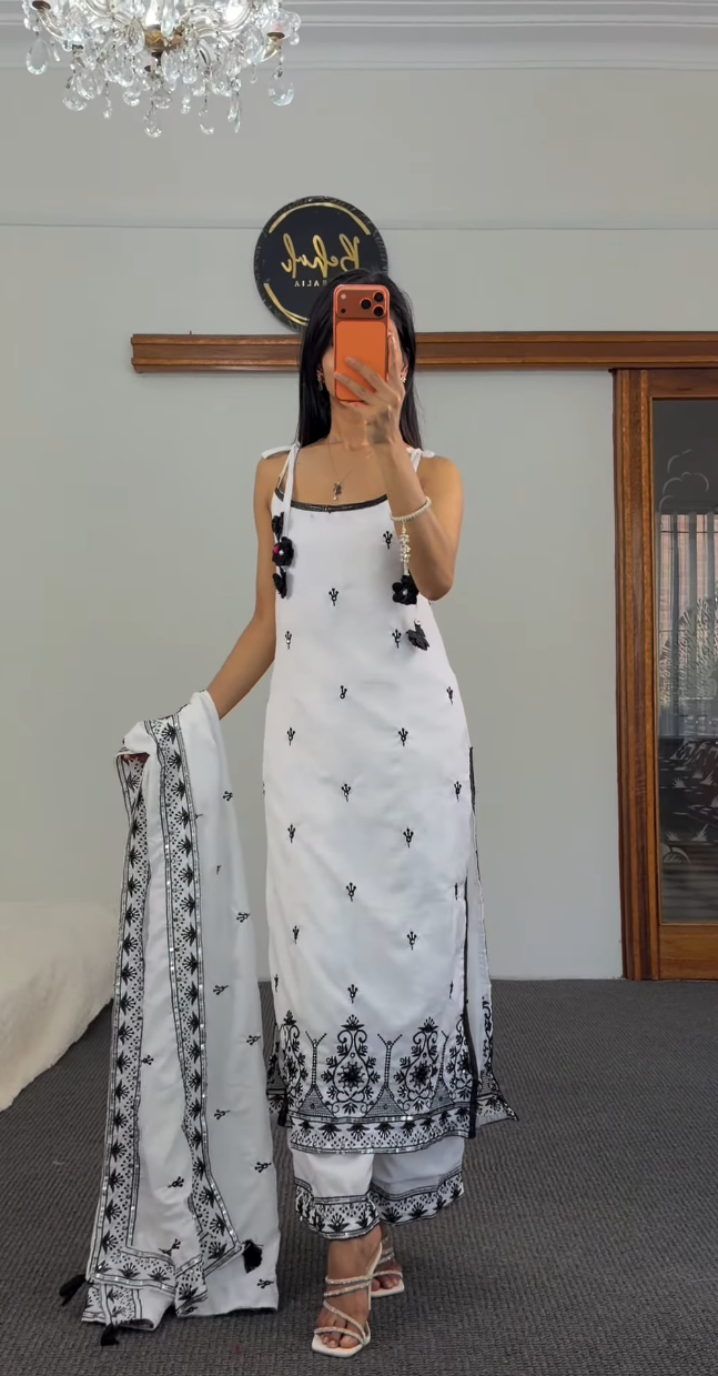 White Embroidered Kurti Set with Black Border Dupatta