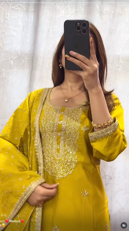 Mustard Silk Kurthi Suit Set with neckline Embroidery