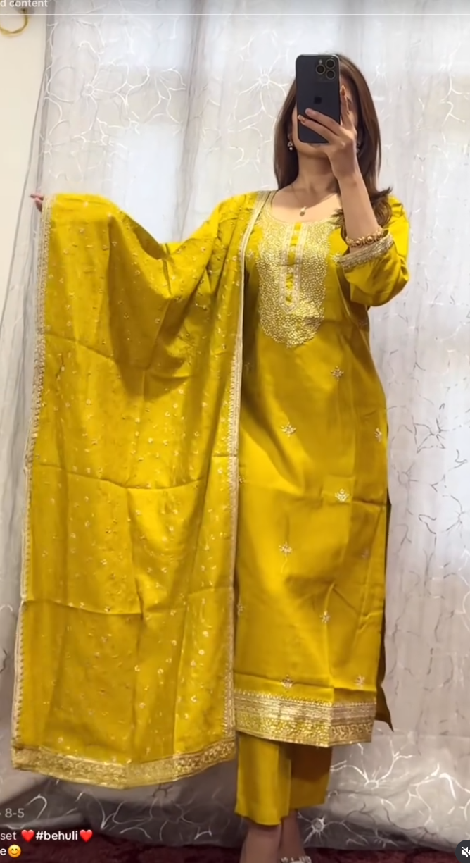 Mustard Silk Kurthi Suit Set with neckline Embroidery