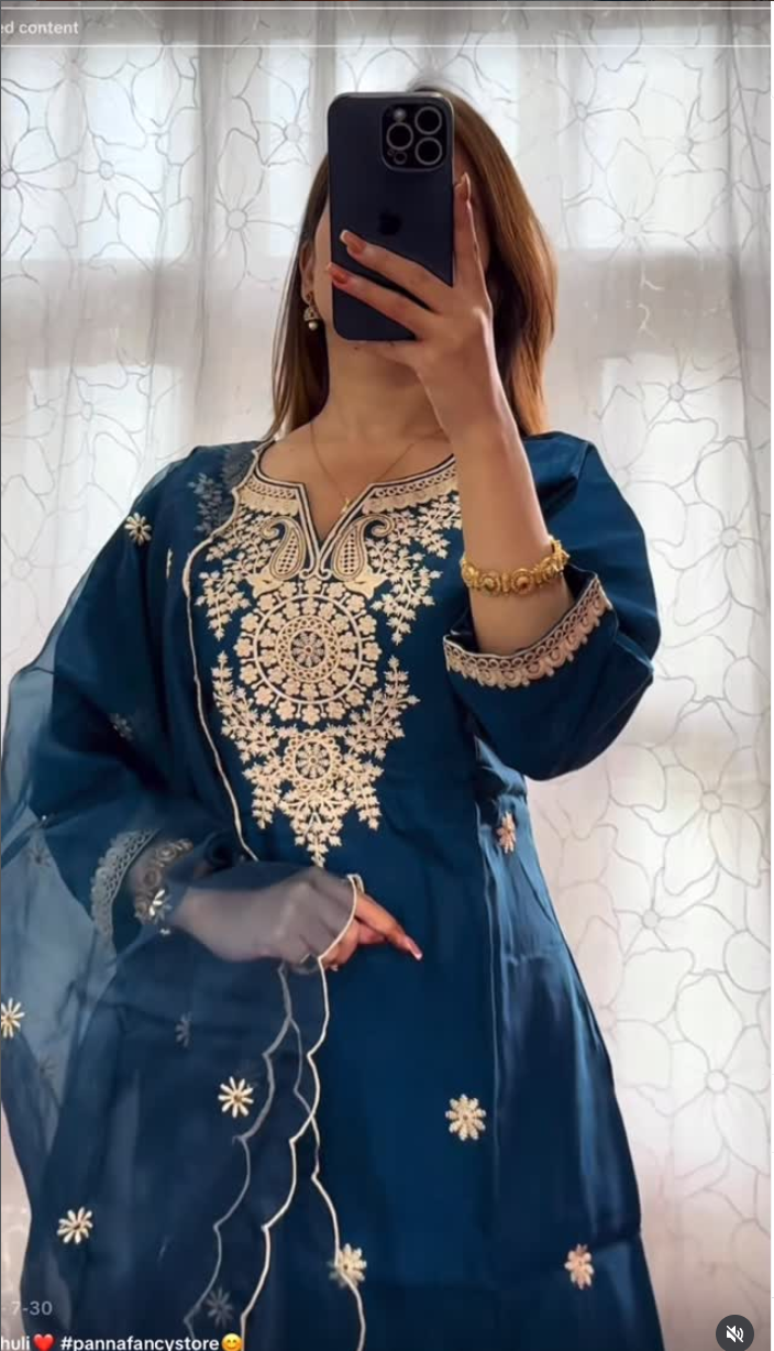 Teal Blue Embroidered Kurti Set with Organza Dupatta