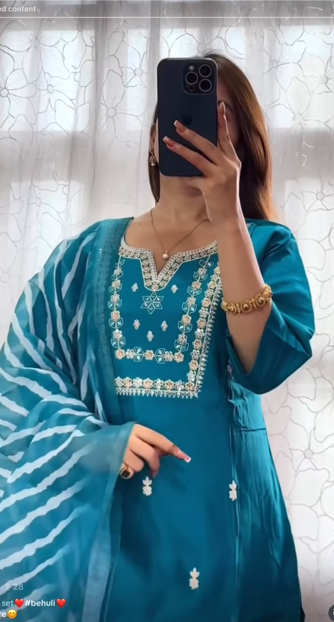 Teal Embroidered Kurti Set with Striped Dupatta