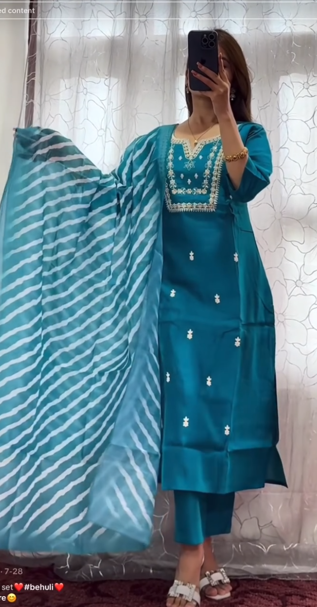 Teal Embroidered Kurti Set with Striped Dupatta