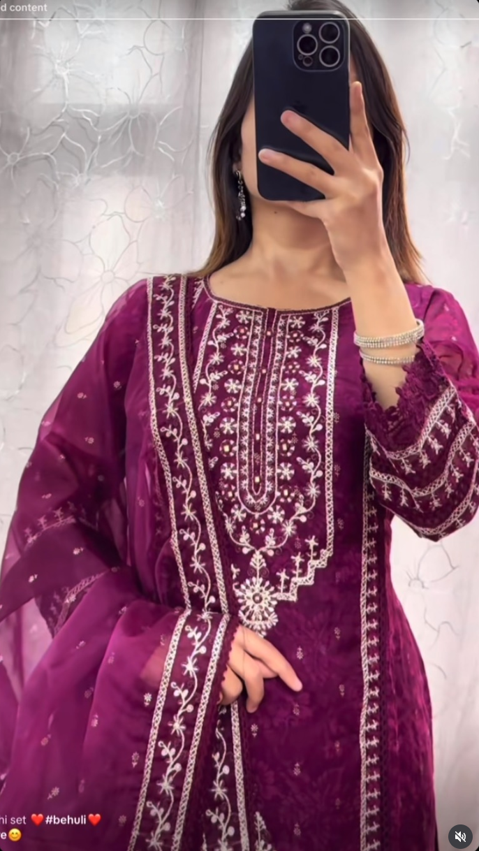 Magenta Embroidered Kurti Set with Intricate Silver Threadwork