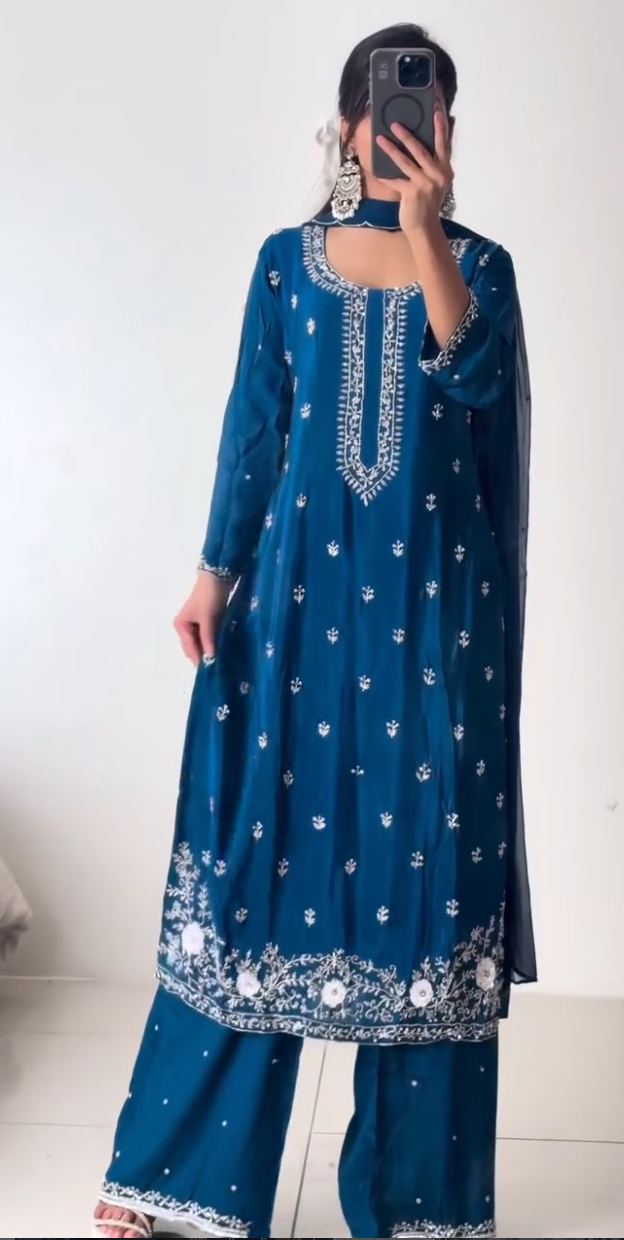 Teal Blue Palazzo Suit Set with White Embroidery