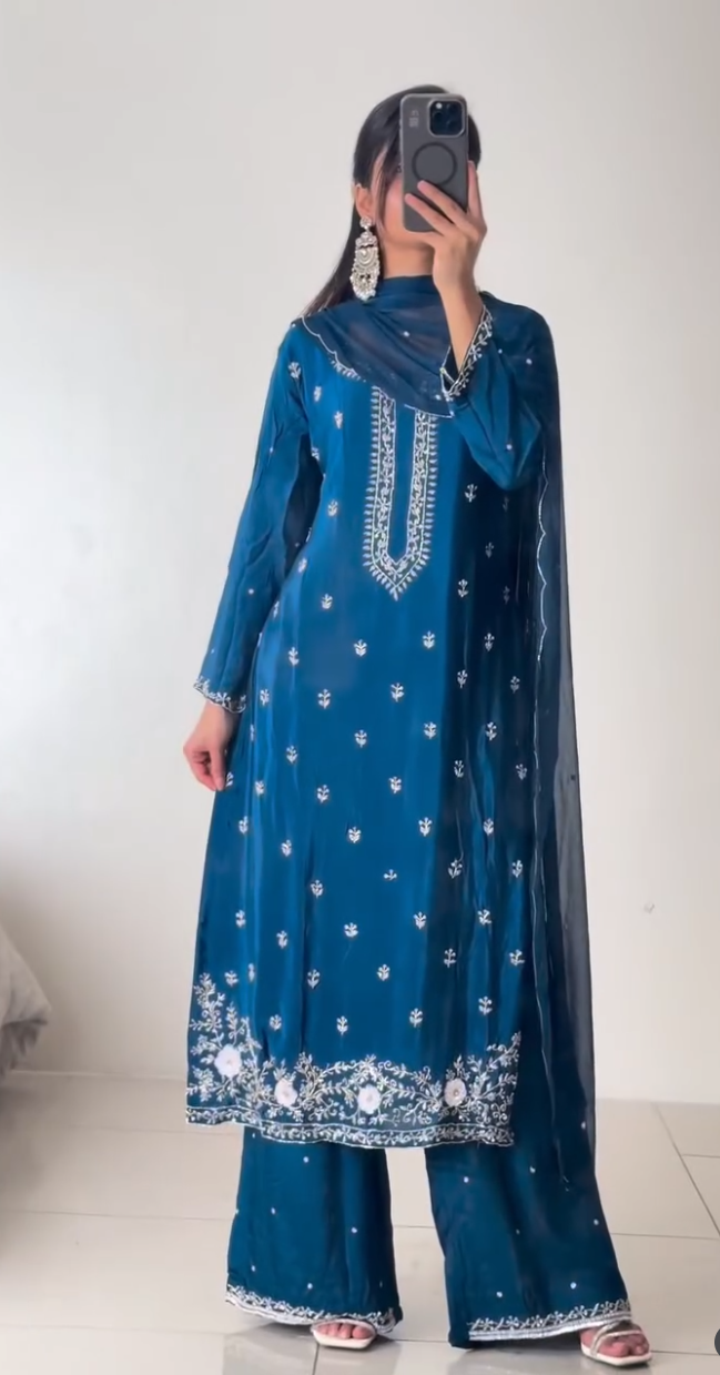 Teal Blue Palazzo Suit Set with White Embroidery