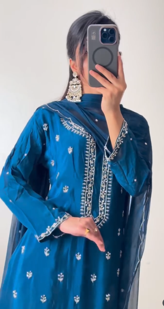Teal Blue Palazzo Suit Set with White Embroidery
