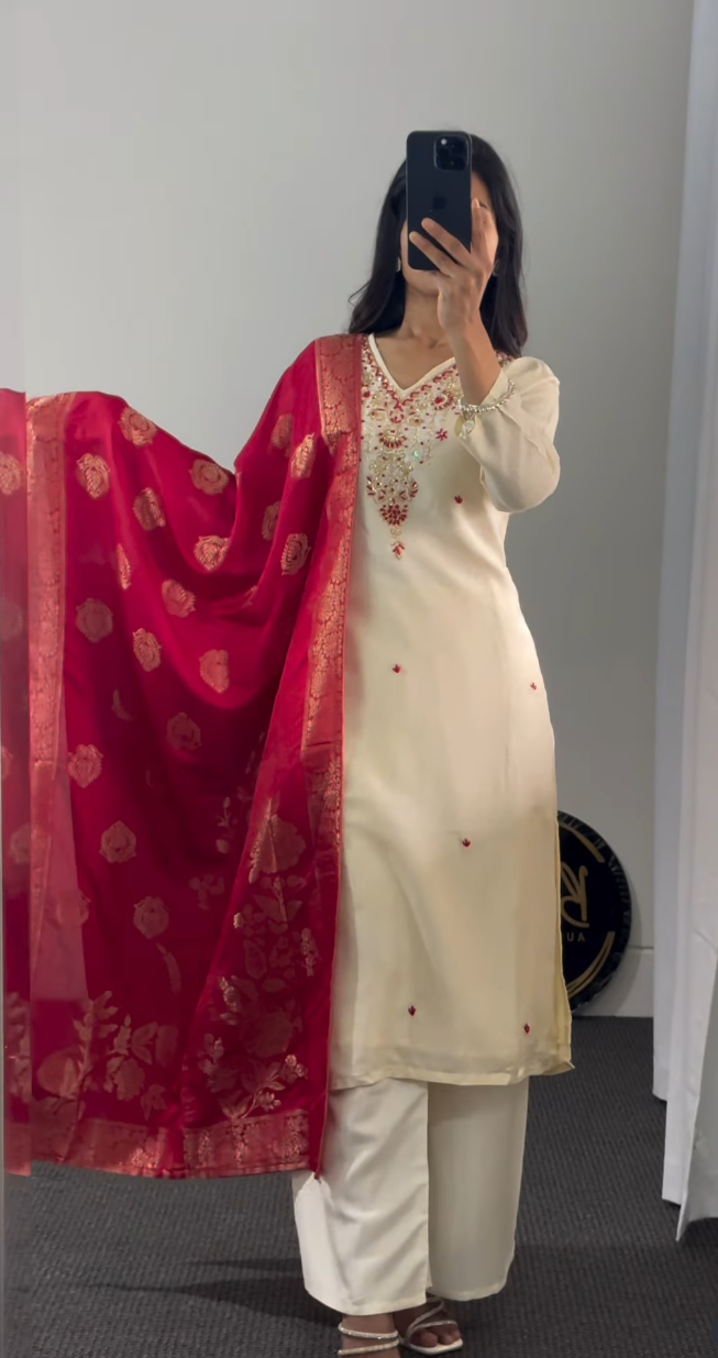 Ivory Neckline Embroidered Kurti Set with  Banarasi Dupatta