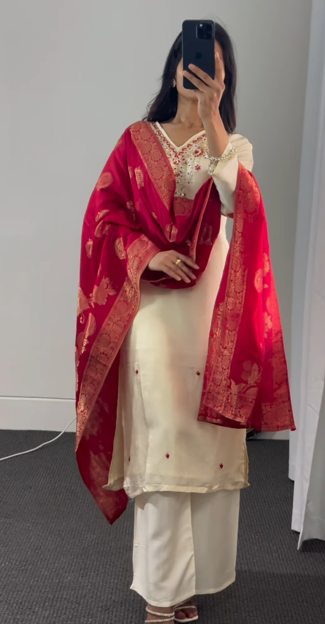 Ivory Neckline Embroidered Kurti Set with  Banarasi Dupatta