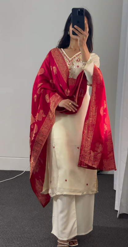 Ivory Neckline Embroidered Kurti Set with  Banarasi Dupatta