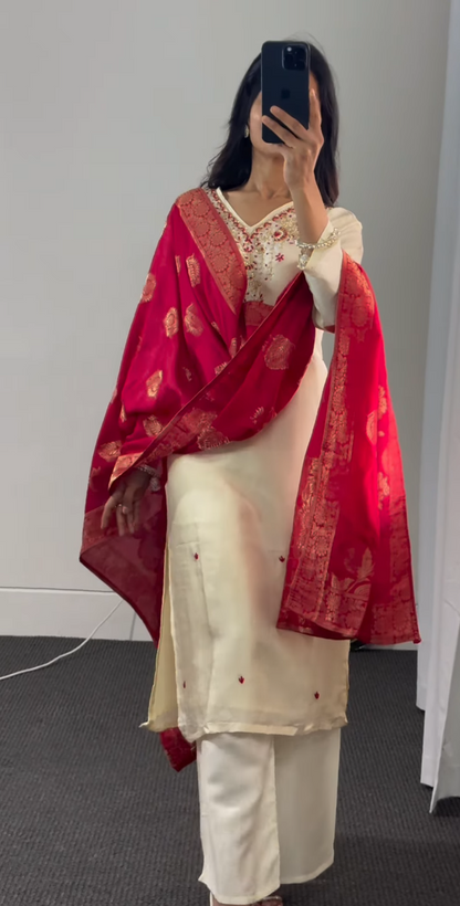 Ivory Neckline Embroidered Kurti Set with  Banarasi Dupatta