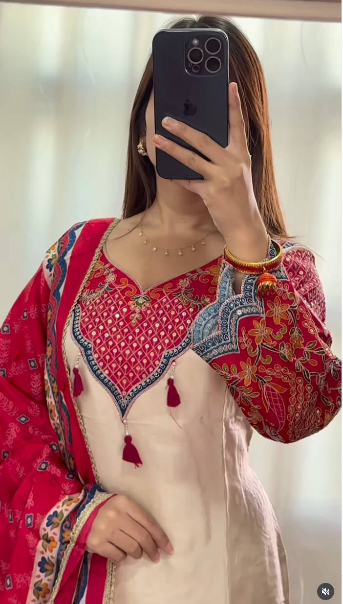 Ivory & Fuchsia Embroidered Kurti Set with Red Banarasi Dupatta