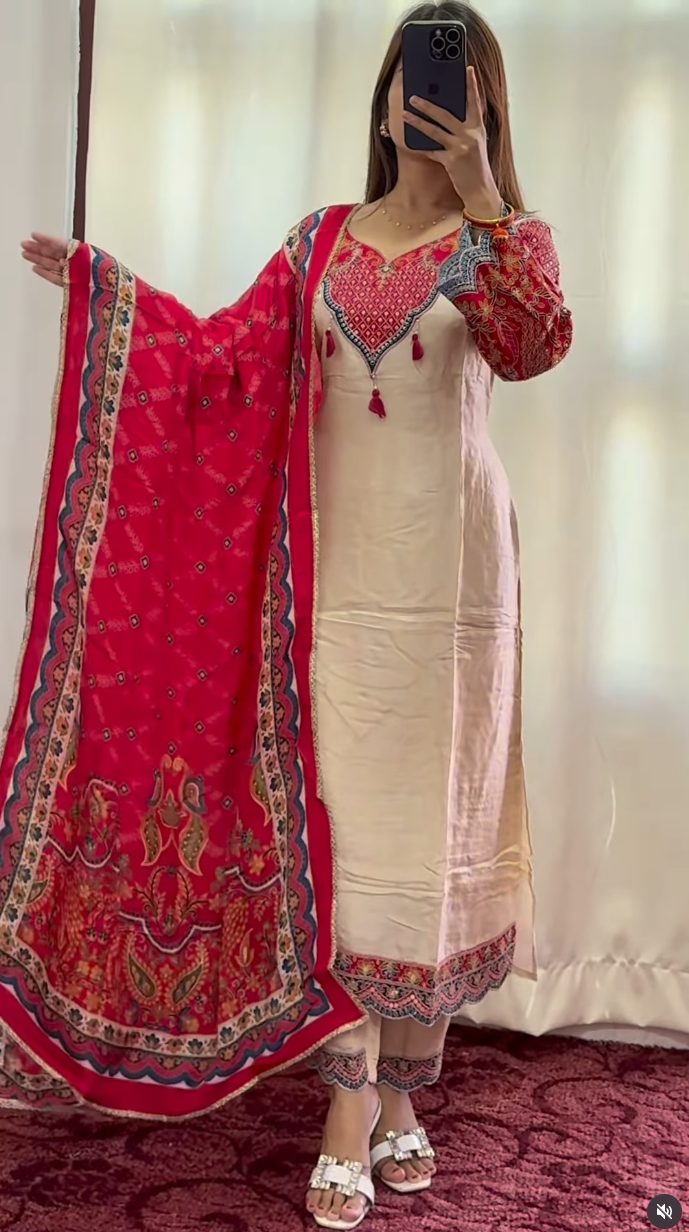 Ivory & Fuchsia Embroidered Kurti Set with Red Banarasi Dupatta