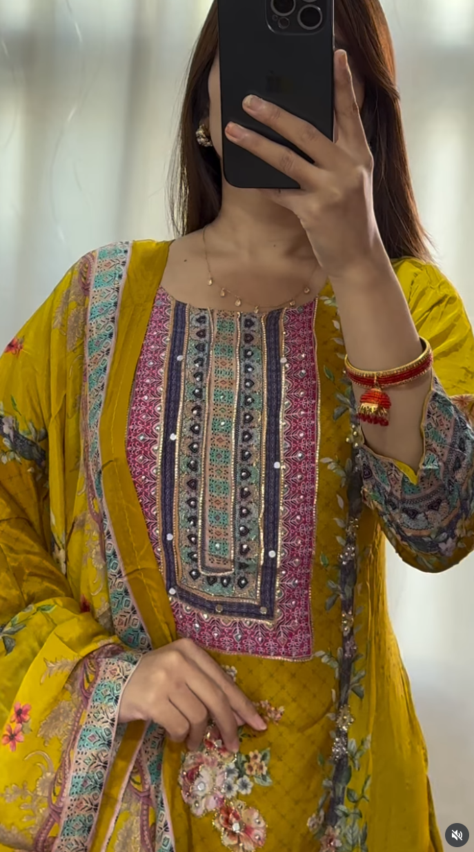 Mustard Floral Printed Kurti Set with Embroidered Neckline