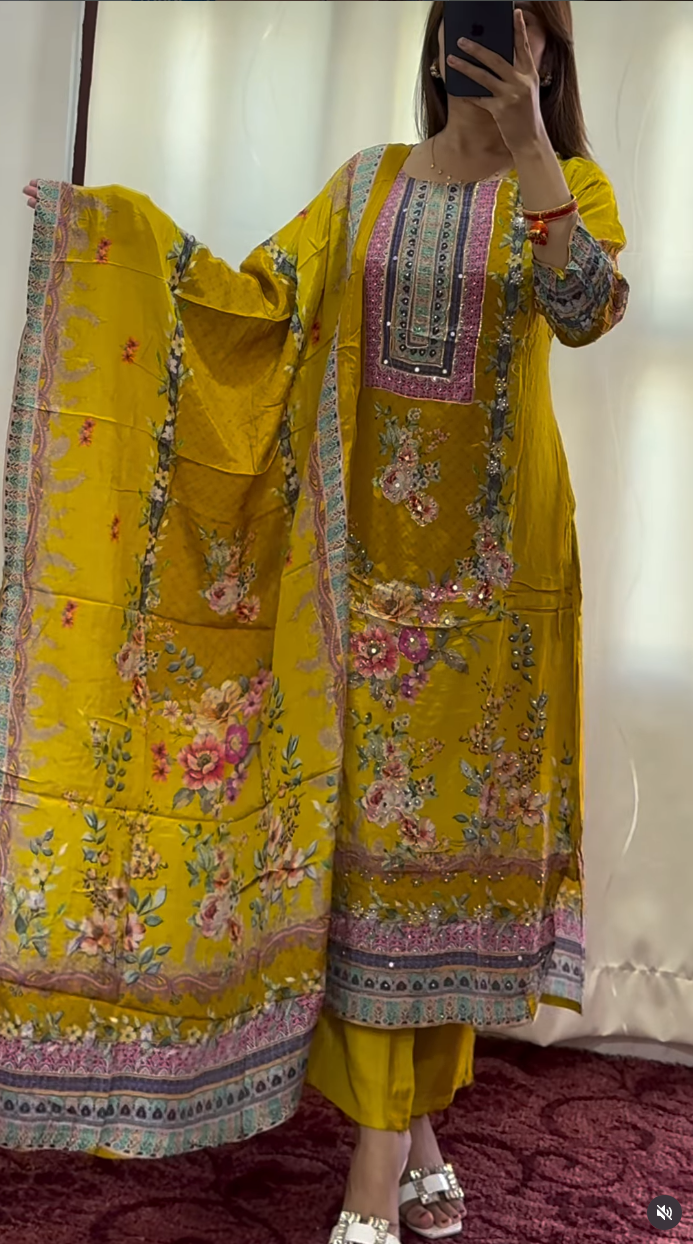 Mustard Floral Printed Kurti Set with Embroidered Neckline