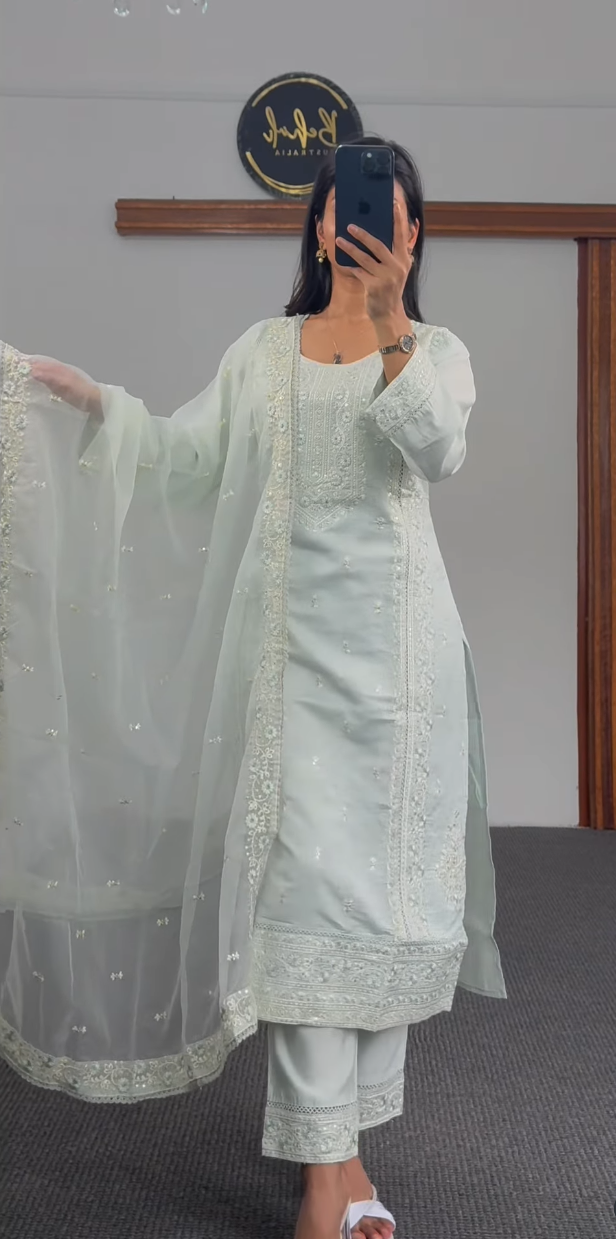 Mint Blue Embroidered Kurthi Suit Set with Dupatta