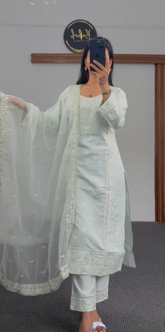 Mint Blue Embroidered Kurthi Suit Set with Dupatta