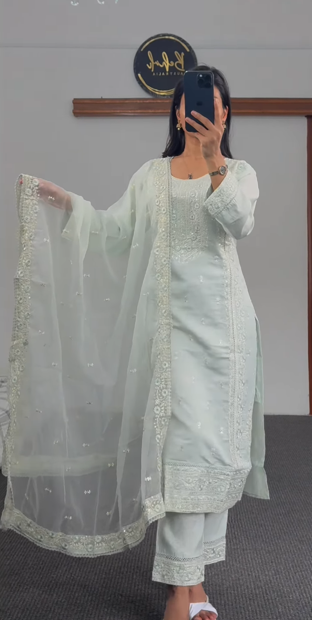 Mint Blue Embroidered Kurthi Suit Set with Dupatta