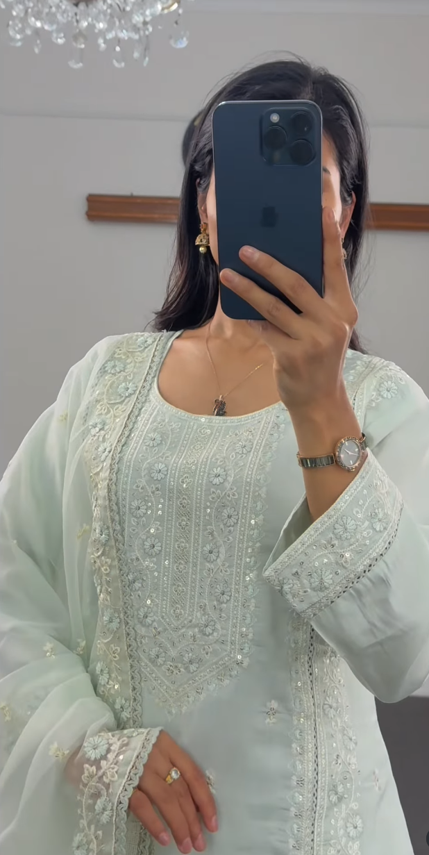 Mint Blue Embroidered Kurthi Suit Set with Dupatta