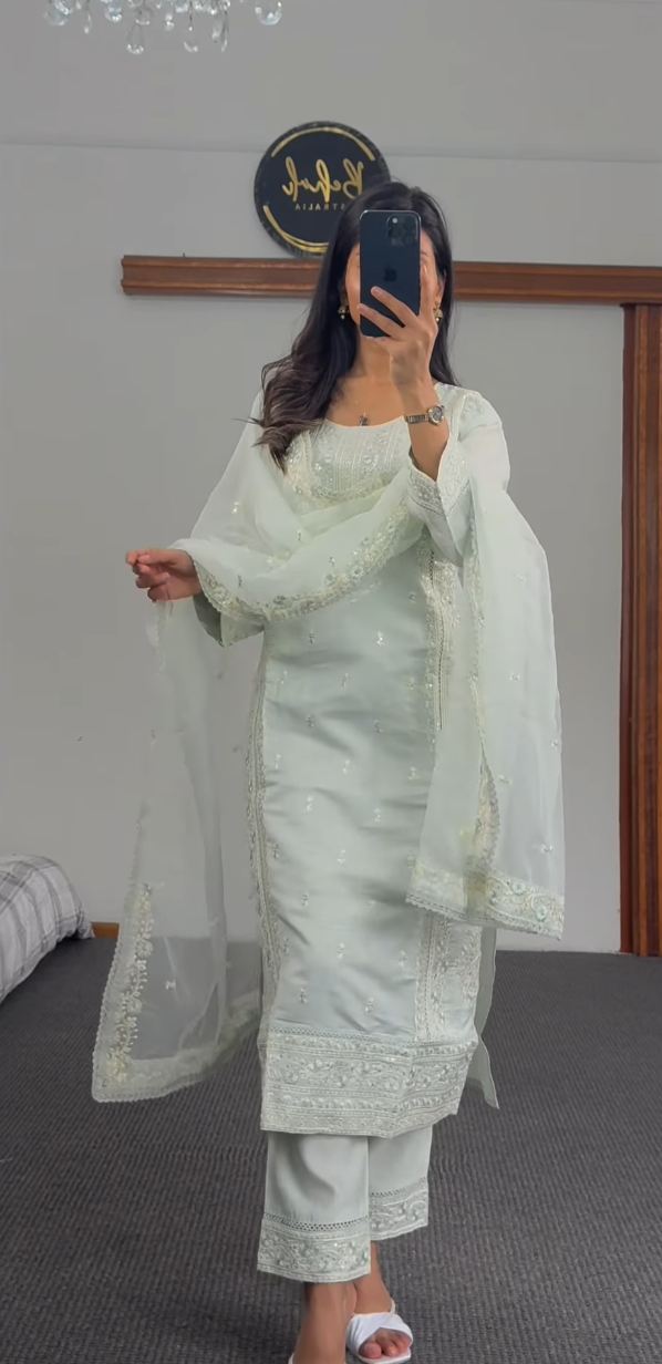 Mint Blue Embroidered Kurthi Suit Set with Dupatta