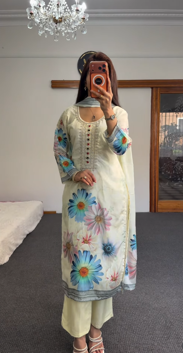 Ivory Floral Printed Kurti Set with Embroidered Neckline