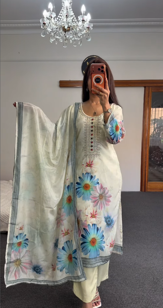 Ivory Floral Printed Kurti Set with Embroidered Neckline
