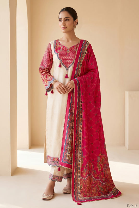 Ivory & Fuchsia Embroidered Kurti Set with Red Banarasi Dupatta