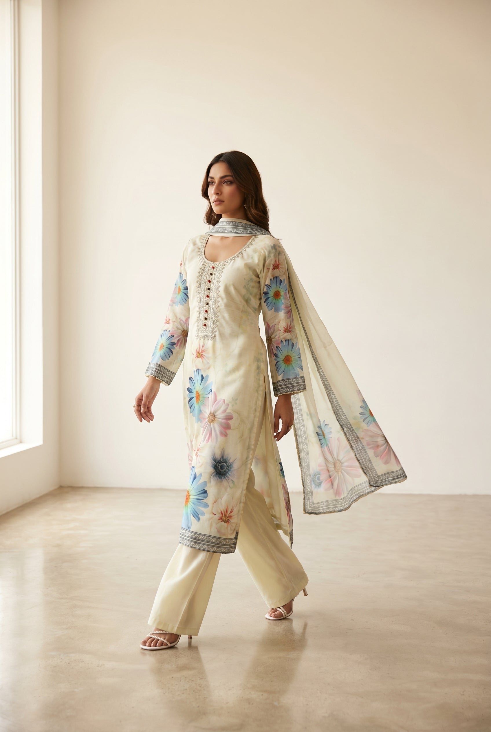 Ivory Floral Printed Kurti Set with Embroidered Neckline