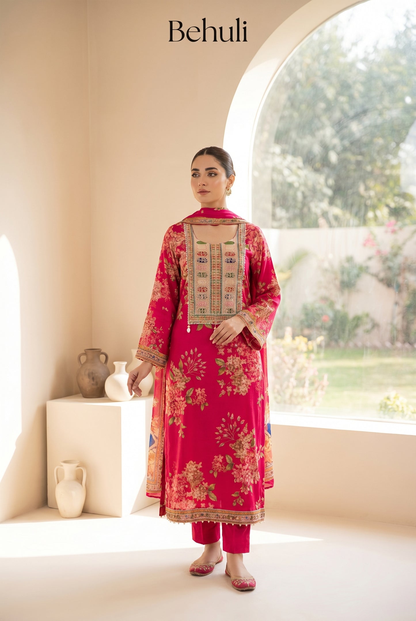 Fuchsia Embroidered Kurti Set with Floral Motifs