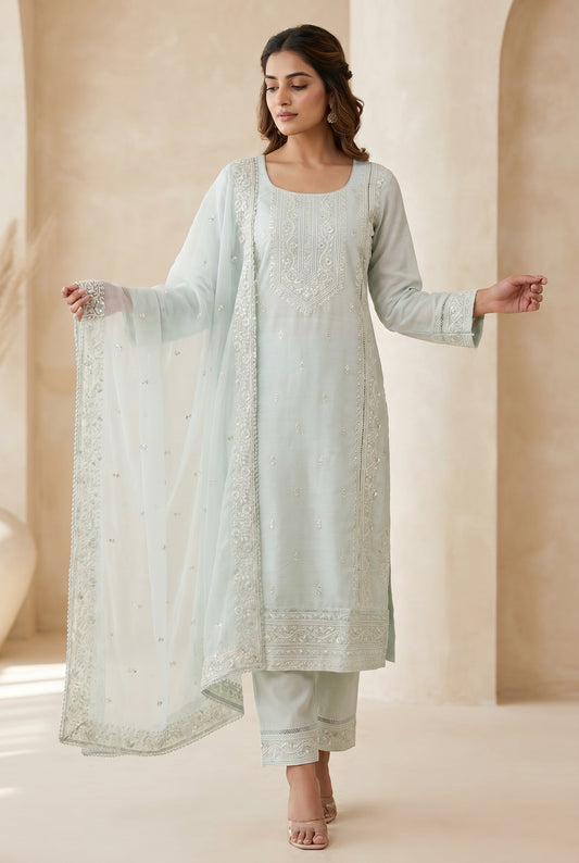 Mint Blue Embroidered Kurthi Suit Set with Dupatta