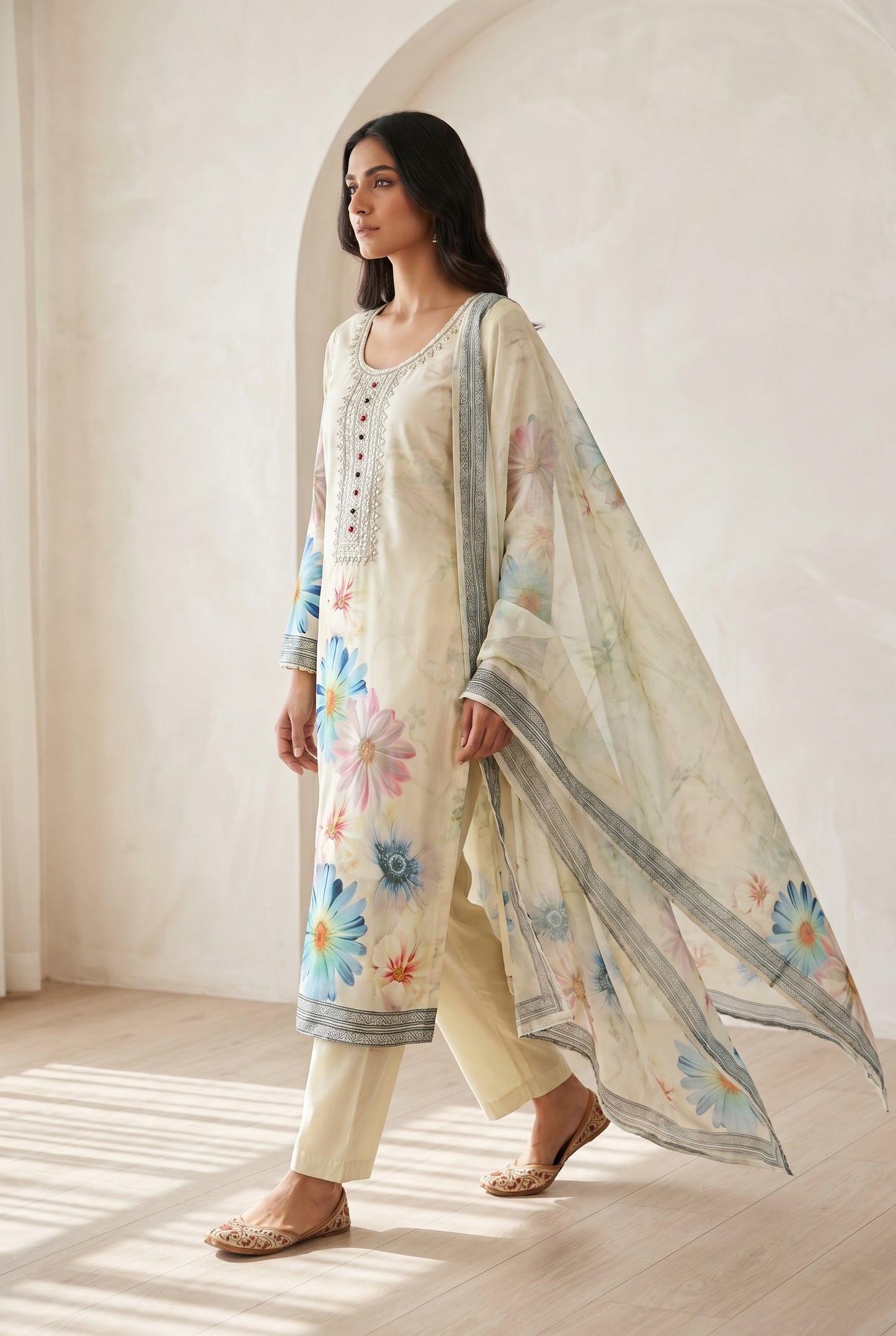 Ivory Floral Printed Kurti Set with Embroidered Neckline