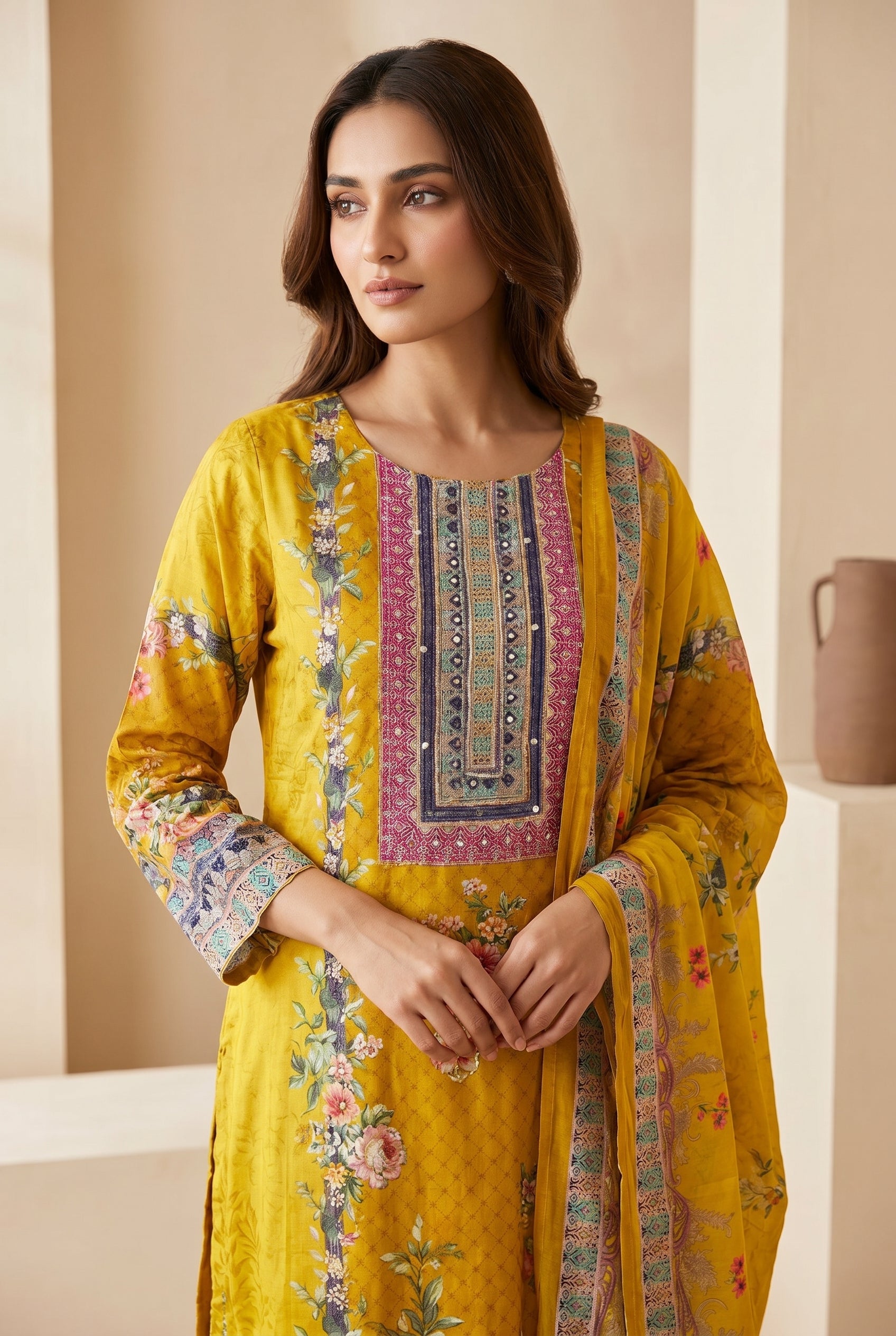 Mustard Floral Printed Kurti Set with Embroidered Neckline