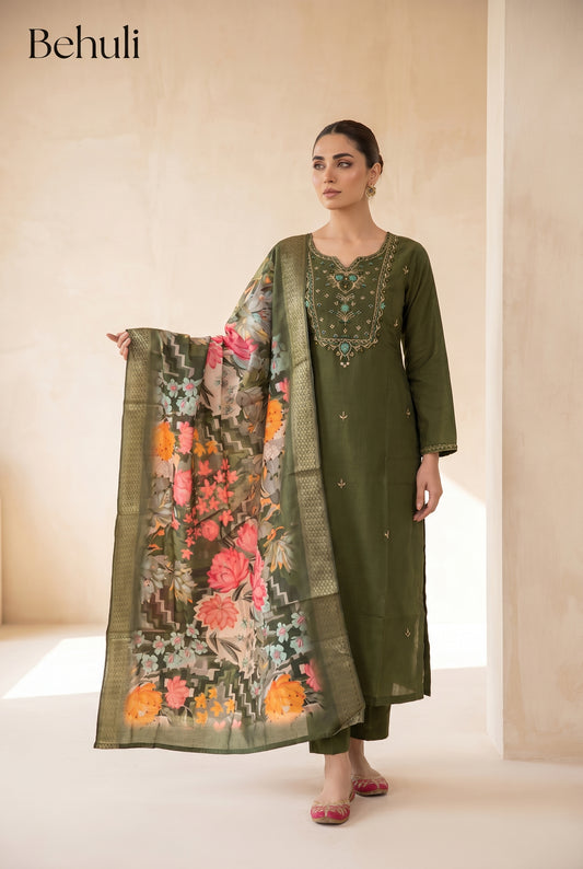 Olive Green Embroidered Kurti Set with Floral Dupatta