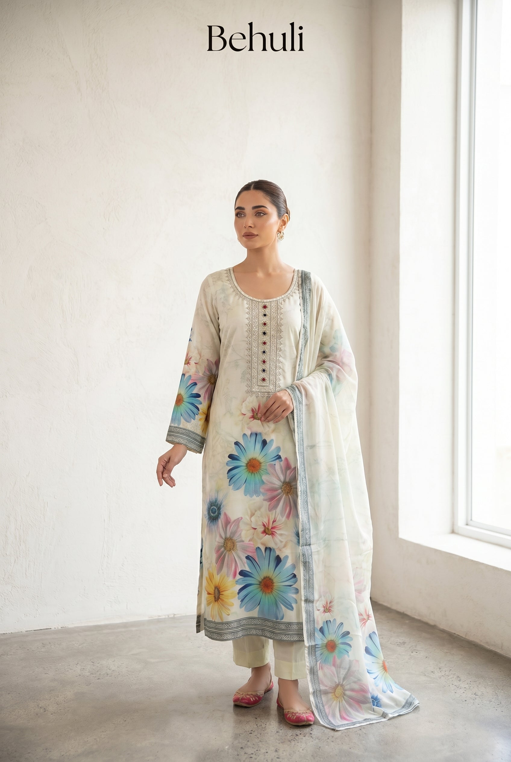 Ivory Floral Printed Kurti Set with Embroidered Neckline
