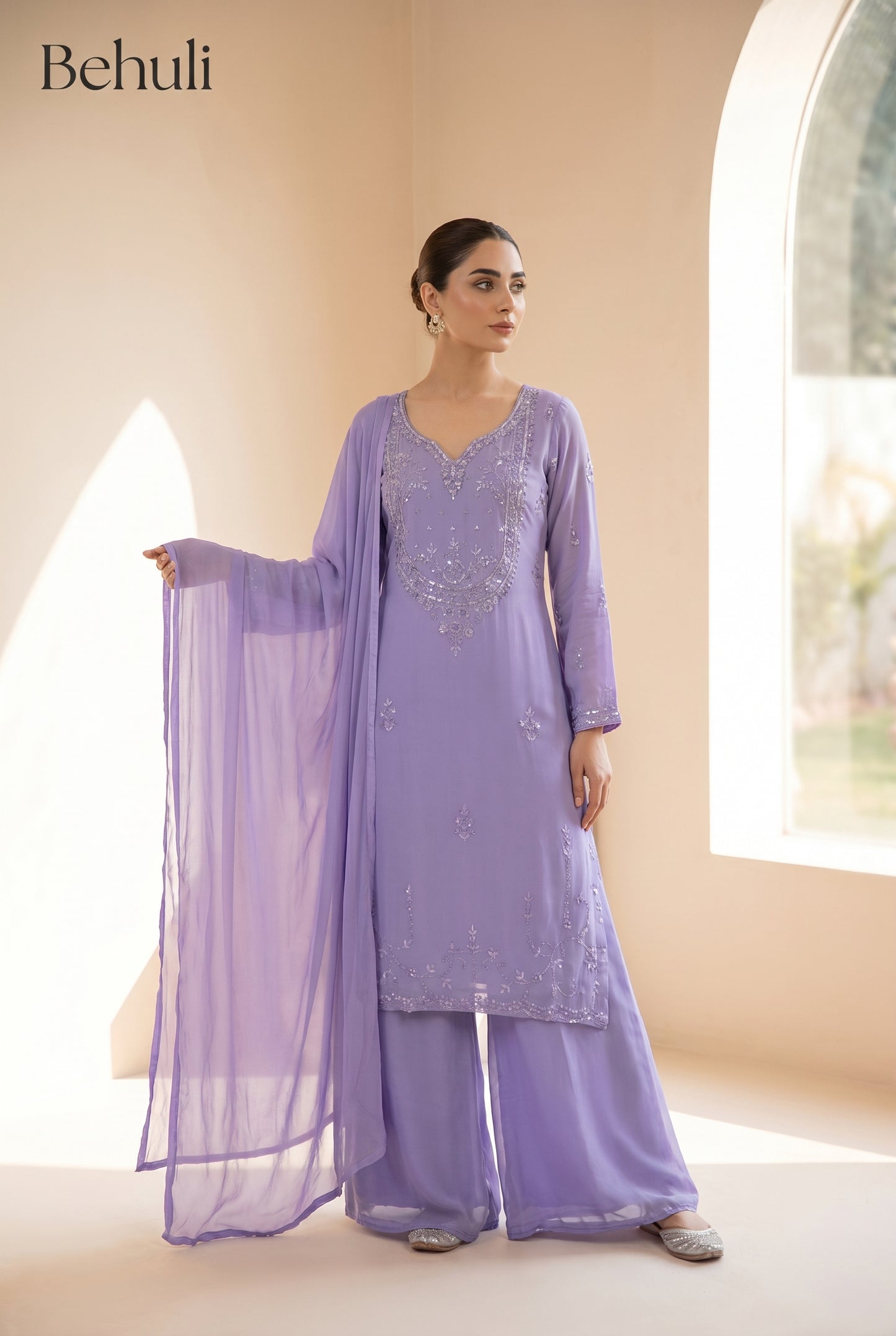 Lavender Embroidered Palazzo Suit Set with Sequin Detail