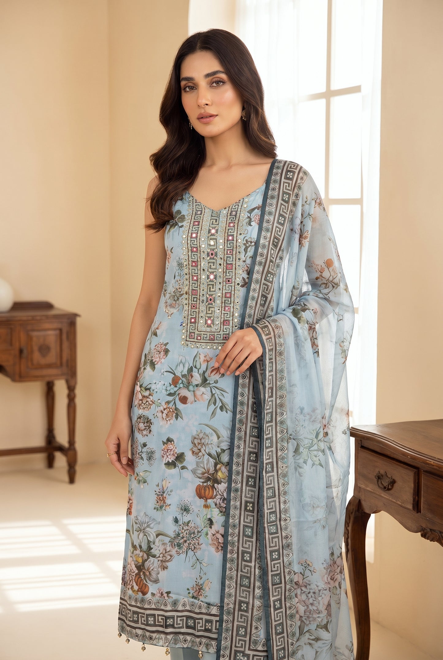 Powder Blue Floral Palazzo Suit with Floral Dupatta