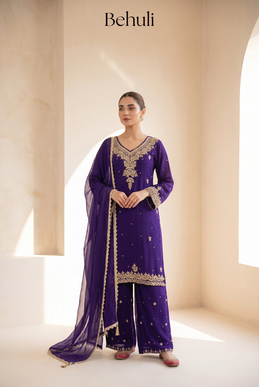 Purple Georgette Kurti Set with Gold Embroidery