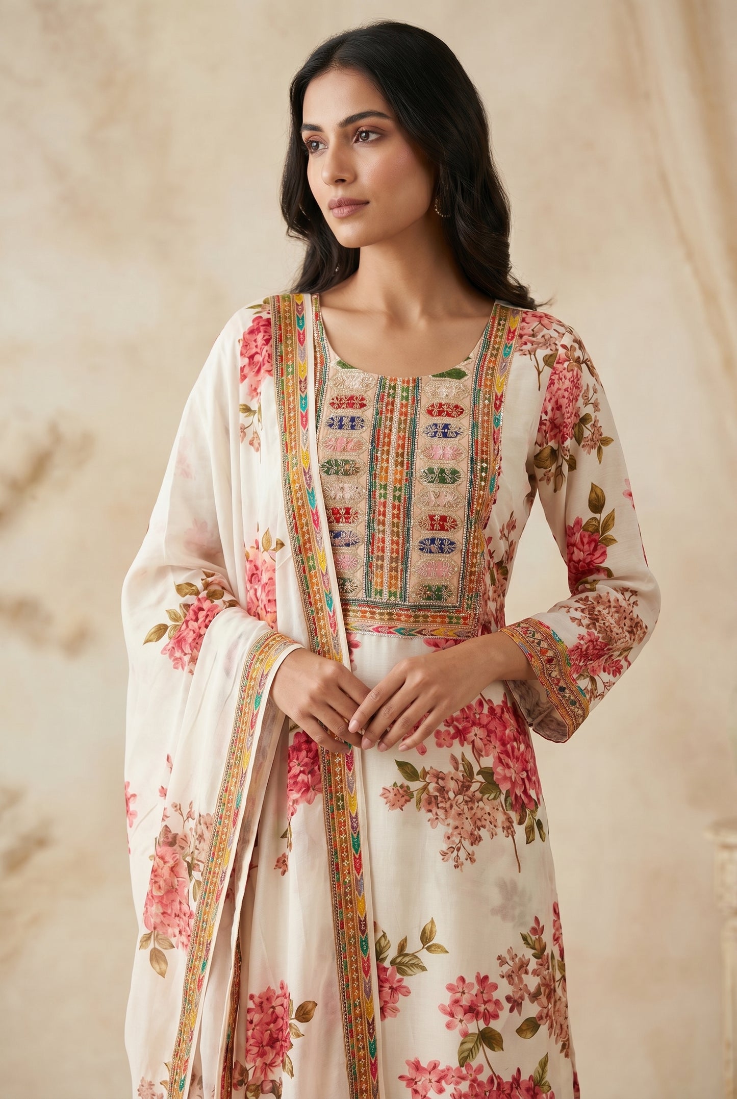 Ivory Floral Kurthi Suit Set with Multicolor Embroidery