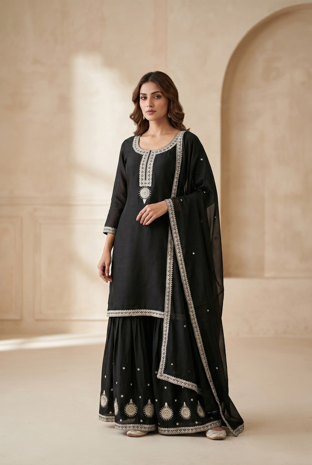 Black Sharara Suit with Gold Embroidery and Dupatta
